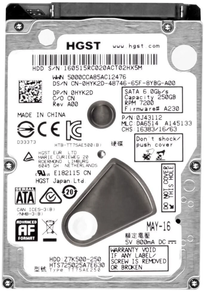 Hard Drive HGST Travelstar Z7K500 HTS725025A7E630 250GB 7.2K 32MB SATA III 2.5" - Image 1 of 3