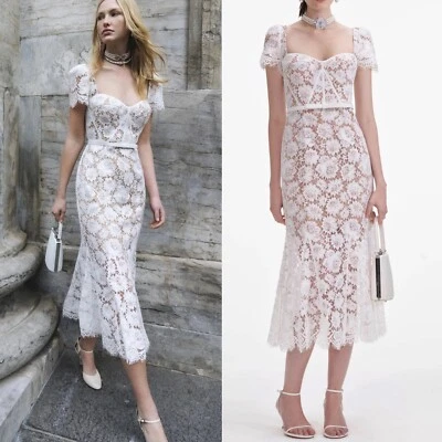 Self-Portrait White Fine Lace Midi Dress UK10 US 6 - Image 1 of 4