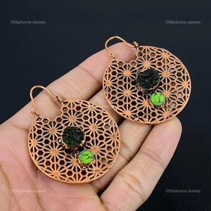 Copper Round Moldavite Stone Green Turquoise Dangle Drop Electroformed Earrings - Picture 1 of 6