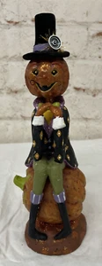 Folk Art Halloween Figurine Pumpkin Head Dressed in Suit w/ Top Hat 13" - Picture 1 of 10