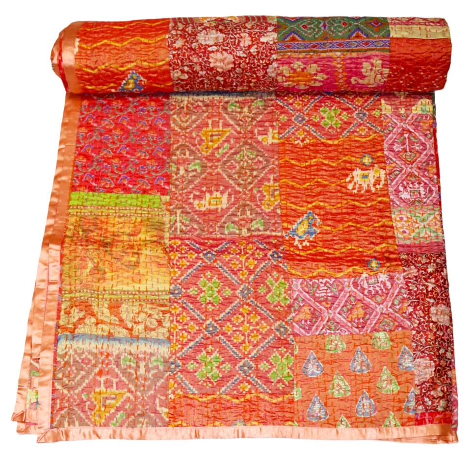 Indian Handmade Silk Patola Kantha Quilt ,Vintage Throw Blanket, Boho Bedspread - Image 1 of 1