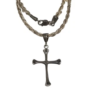 "Antiguo collar religioso cruz de plata de ley con pelo trenzado 21""" - Imagen 1 de 8
