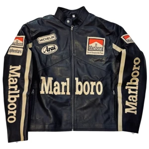 MotoGP 90’s Coal Marlboro F1 Racing Embroidered Leather Motorbike Riding Jacket - Picture 1 of 6