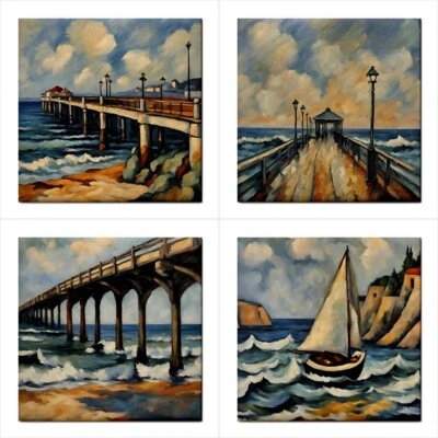 Ocean Beach Pier Ceramic Tile Set Of 4 Decorative Sea Coaster Backsplash Tiles - Image 1 of 4