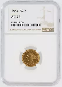 1854 Quarter Eagle NGC AU55 $2.5 Liberty Head Flashy Luster Gold Coin - Picture 1 of 4
