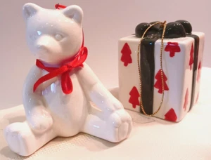 VTG CERAMIC WHITE BEAR w/RED BOW & RED-WHITE & GREEN PRESENT BELL ORNAMENT - Picture 1 of 5
