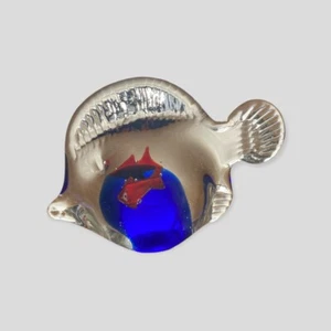 Art Glass Fish Paperweight Blue Core With 2 Red Fish Inside - Picture 1 of 4