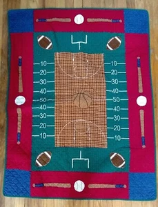 Donna Sharp Sports Quilt Throw Football Basketball Baseball 48" x 36" Red Blue - Picture 1 of 7