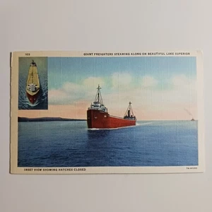 Giant Freighters Steaming Along Beautiful Lake Superior Ship Boat Postcard - Picture 1 of 7