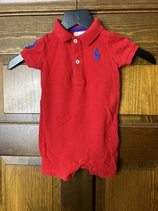 Polo Ralph Lauren Boys Size 9 Months USA #3 Red Romper Shortall - Picture 1 of 6