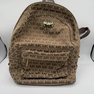 Michael Kors Backpack Womens MK Monogram Canvas Purse Travel Gold Zip Bag - Picture 1 of 9