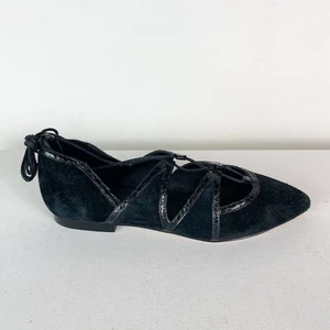 Brian Atwood NWOB Sanaa Suede and Leather Lace-Up Pointed Ballet Black Flats 5.5 - Picture 1 of 7