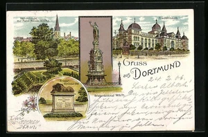 Lithographie Dortmund, Vehmlinde mit Petri-Nicolai-Kirche, Fredenbaum, Kriegerd  - Picture 1 of 2