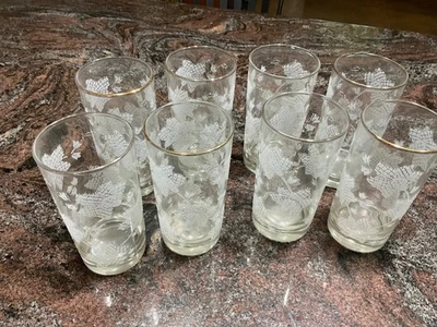 8 Libbey Raised Etched  Frosted Glasses w/ Gold Rim 10oz Grapevine/Lace Pattern - Image 1 of 4
