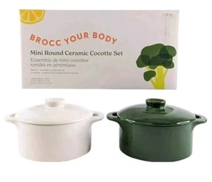 New Brocc Your Body Mini Round Ceramic Cocotte Set Green and White Lids - Picture 1 of 7