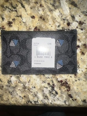 Estojo de cartão Coach masculino com zíper em lona assinatura com ponto estampa de diamante carvão NOVO - Imagem 1 de 4