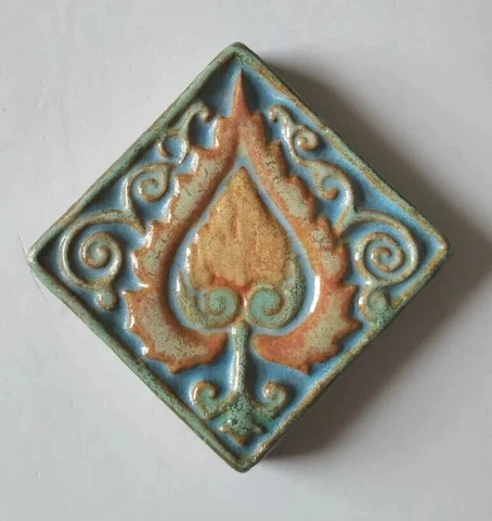 Antique Blue Green Brown Embossed Art Pottery Tile Arts and Crafts Heart Flower Cover