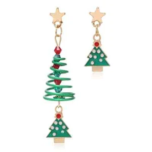 Green Christmas Xmas Tree Metal Enamel Long Drop Dangle Party Earrings - Picture 1 of 1