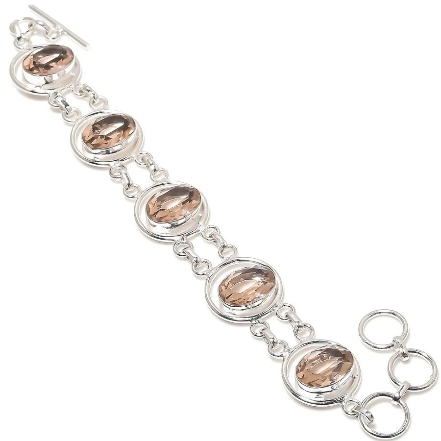 Brazalete de joyería de plata de ley 925 hecho a mano con piedras preciosas de morganita melocotón tamaño 7-8" Foto 1 de 1