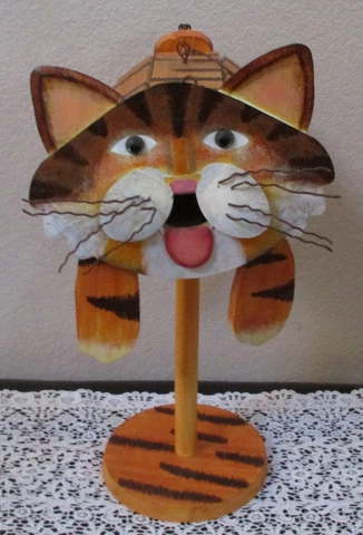 Orange Tabby Cat Birdhouse Free Standing Dangle Feet 17" Tall Metal & Wood Cover