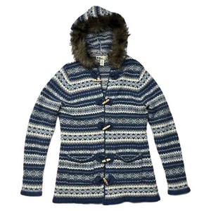 Neve Designs Wool Sweater Women Medium Hooded Cardigan Toggle Fair Isle Blue - Picture 1 of 13