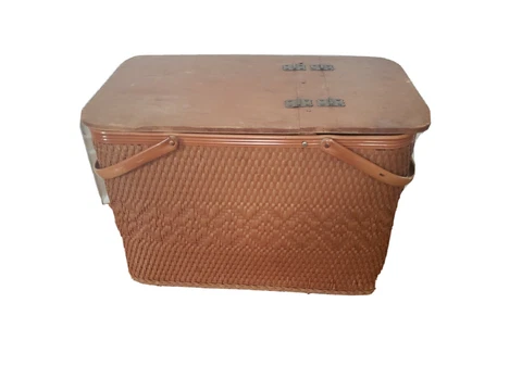 Vintage Redmon Woven Wicker Picnic Basket Metal Handles Double Lid Cover