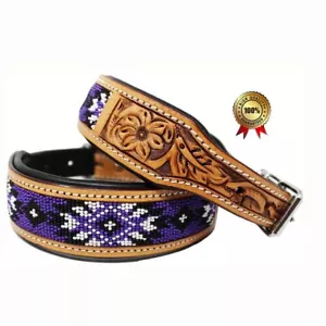 Genuine Leather Hand Tooled Beaded Dog Collar - Picture 1 of 1