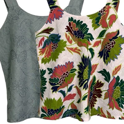 Habitat 2 Linen Tank Tops Sz S Embroidered Floral Resort Beach Coastal Lagom USA - Image 1 of 4