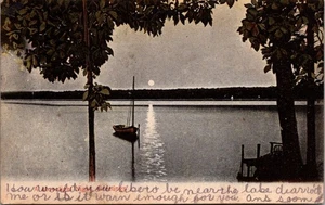 A MOONLIGHT NIGHT Greetings BOAT on a LAKE c1900s Postcard - Picture 1 of 2