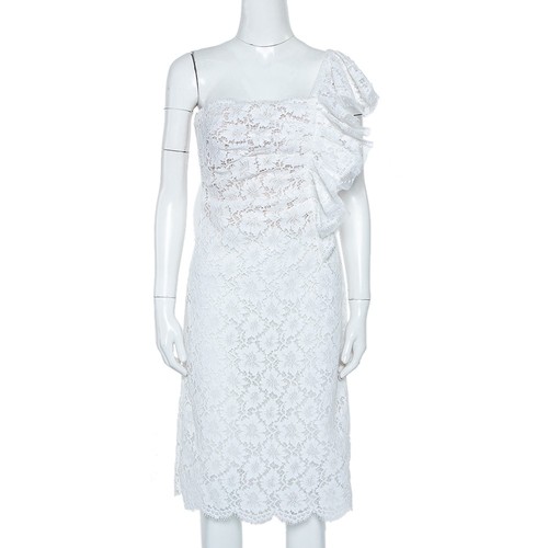 Abito Midi Valentino Bianco Pizzo Dettaglio Ruffle Una Spalla M