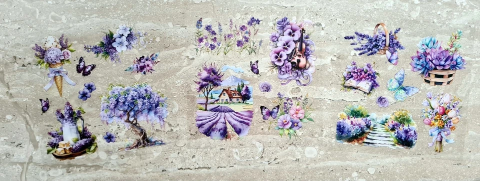 Stickerbögen 10 Bögen je Set Blumen Bäume Schmetterlinge Häuser Lavendel - Bild 1 von 3