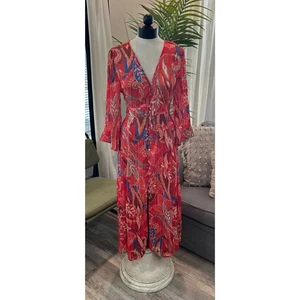 ZARA METALLIC THREAD PRINTED V-Neck DRESS Button-down Red Sz Small Midi Chiffon - Picture 1 of 8