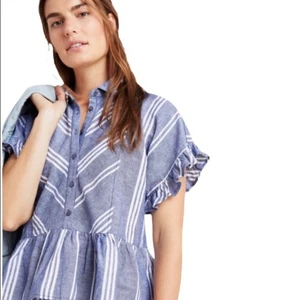 Anthropologie Maeve Allison Flounced Shirt medium Blue white striped linen blend - Picture 1 of 6
