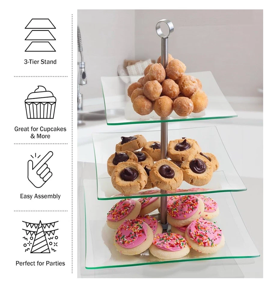 Home Dess Chef Buddy Three Tier Square Glass Buffet and Dessert Stand, 1 Pack - Image 1 of 4