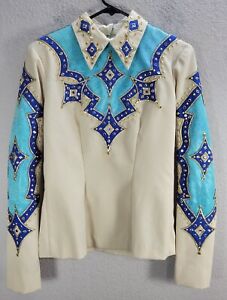 Vtg Women's Woods Western Shirt Beige Blue Embellished Rodeo Ranchwear Sz S