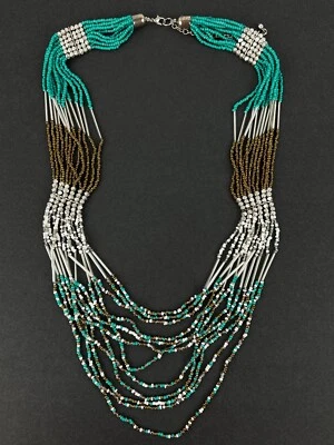 Collar de cuentas de semillas hecho a mano de 12 hilos de plata marrón turquesa cascada de 30" Foto 1 de 4