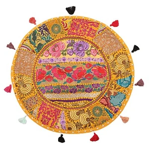 Yellow Vintage Patchwork Floor Cushion Pillow Seating Cover Rome Decor Round - Picture 1 of 6