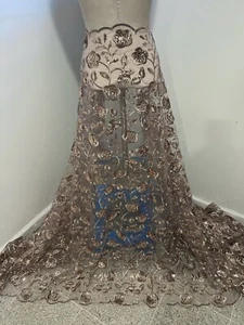 Coffee Embroidered SEQUINS Lace fabric 50” Width Sold By The Yard - Picture 1 of 5