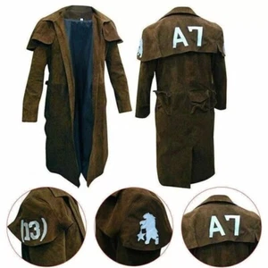 Men's A7 Fallout Vegas Veteran Ranger Long Trench Coat Brown Duster Leather Coat - Picture 1 of 8