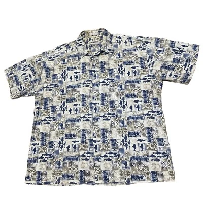 CAMPIA MODA Shark Print Shirt Men XL Blue Cream Vtg 90s Madras Geometric 50" - Image 1 of 4