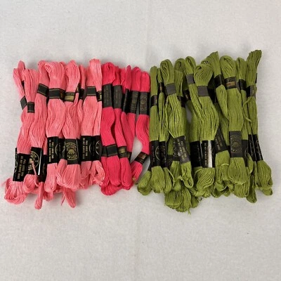 Lot 56 Vtg Royal Mouline Embroidery Thread Med Pink Carnation Pink Olive Green - Image 1 of 4