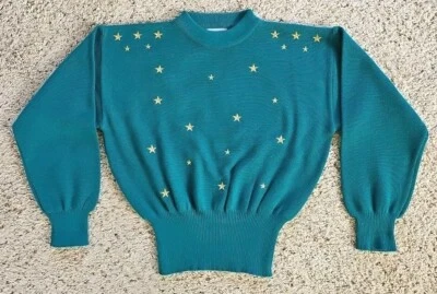 Antigo Suéter Meister Feminino Pequeno Anos 90 Esqui Algemado Cintura Verde-azulado Ouro Estrelas Twee - Imagem 1 de 4