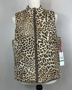 NWT Ruby Rd Women’s Sz Petit Large Brown Black Cheetah Quilted Reversible Vest - Picture 1 of 11