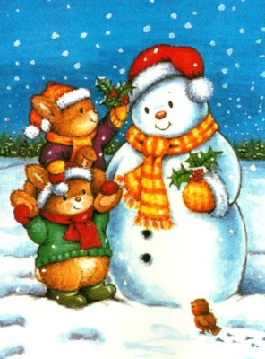 HALLMARK BUNNY RABBITS & SNOWMAN Deluxe Greeting Christmas Greeting Card w/ Envelope MG72