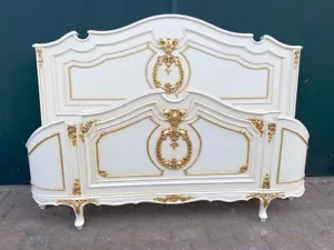 Bed Frame Vintage French Louis XVI Queen, White & Gold, Handcrafted Elegance - Picture 1 of 13