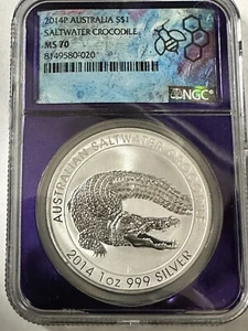 1 Oz Silver Round 2014 Australia $1 Saltwater Crocodile NGC Graded MS70 Perfect - Picture 1 of 12