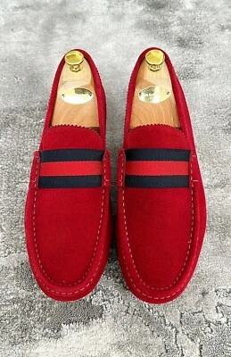 Подлинный Gucci веб бордовый замши кожаный мужской мокасины US9.5 EU43 UK9 - Изображение 1 из 4