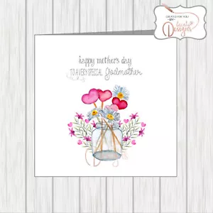 Special Godmothers Mothers Day Card Watercolour Mason Jar With Hearts & Flowers - Picture 1 of 1