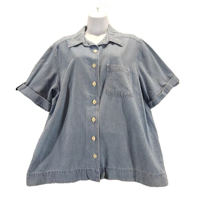 Blusa con botones de manga corta 100 % algodón denim azul talla 1X de ERIKA II & Co para mujer Foto 1 de 4