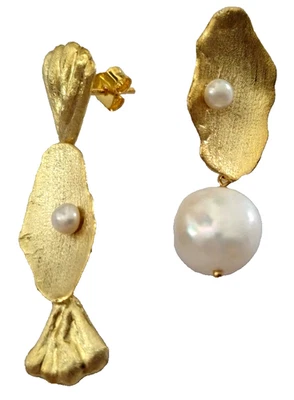 ♥ ORECCHINI pendenti in Argento 925 placcati Oro giallo 18kt con PERLA naturale - Immagine 1 di 4